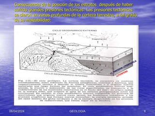 Consecuencia de la posición de los estratos después de haber
sufrido grandes presiones tectónicas: Las presiones tectónicas
se dieron en zonas profundas de la corteza terrestre, a tal grado
de su maleabilidad:
06/04/2024 GEOLOGIA 8
 