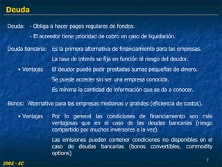 Deuda:  - Obliga a hacer pagos regulares de fondos. - El acreedor tiene prioridad de cobro en caso de liquidación. Deuda bancaria: Es la primera alternativa de financiamiento para las empresas.  La tasa de interés se fija en función al riesgo del deudor. 2005 - EC Ventajas El deudor puede pedir prestadas sumas pequeñas de dinero. Se puede acceder sin ser una empresa conocida. Es mínima la cantidad de información que se da a conocer. Bonos: Alternativa para las empresas medianas y grandes (eficiencia de costos). Ventajas Por lo general las condiciones de financiamiento son más ventajosas que en el caso de las deudas bancarias (riesgo compartido por muchos inversores a la vez). Las emisiones pueden contener condiciones no disponibles en el caso de deudas bancarias (bonos convertibles, commodity options) Deuda 