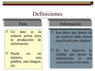 Definiciones ,[object Object],[object Object],[object Object],[object Object],Dato Información 