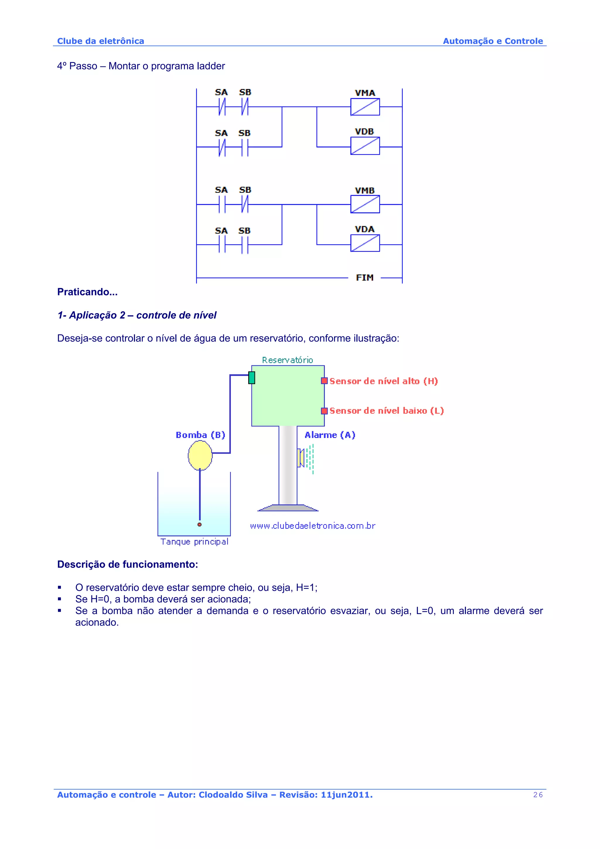 Clube da eletrônica Automação e Controle
Automação e controle – Autor: Clodoaldo Silva – Revisão: 11jun2011.
4º Passo – Montar o programa ladder
Praticando...
1- Aplicação 2 – controle de nível
Deseja-se controlar o nível de água de um reservatório, conforme ilustração:
Descrição de funcionamento:
O reservatório deve estar sempre cheio, ou seja, H=1;
Se H=0, a bomba deverá ser acionada;
Se a bomba não atender a demanda e o reservatório esvaziar, ou seja, L=0, um alarme deverá ser
acionado.
26
 