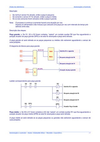 Clube da eletrônica Automação e Controle
Automação e controle – Autor: Clodoaldo Silva – Revisão: 11jun2011.
Descrição:
Se nenhum sensor for ativado, então a peça é pequena.
Se somente o sensor S1 for ativado, então a peça é média.
Se os dois sensores forem ativados então a peça é grande.
Nota: O processo é continuo e somente haverá uma atuação por vez.
Haverá um alimentador (não incluso) que colocará uma peça por vez com intervalo de tempo pré-
definido entre elas.
Descrição das etapas:
Peça grande ⇒ Se S1, S2 e S3 forem cortados, “setará” um contato auxiliar R0 que fica aguardando a
posição atuador de peça grande (SPG) e se esta for alcançada a peça será retirada.
A peça grande só será retirada se as peças pequenas ou médias não estiverem aguardando o sensor de
suas posições.
O diagrama de blocos para peça grande
Ladder correspondente para peça grande
Peça média ⇒ Se S0 e S1 forem cortados e S2 não “setará” um contato auxiliar R1 que fica aguardando a
posição atuador de peça média (SPM) se esta for alcançada a peça será retirada.
A peça média só será retirada se as peças pequenas ou grandes não estiverem aguardando o sensor de
suas posições.
28
 