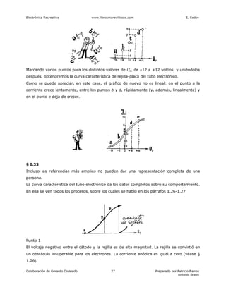 Electrónica Recreativa              www.librosmaravillosos.com                             E. Sedov




Marcando varios puntos para los distintos valores de Ue, de –12 a +12 voltios, y uniéndolos
después, obtendremos la curva característica de rejilla-placa del tubo electrónico.
Como se puede apreciar, en este case, el gráfico de nuevo no es lineal: en el punto a la
corriente crece lentamente, entre los puntos b y d, rápidamente (y, además, linealmente) y
en el punto e deja de crecer.




§ I.33
Incluso las referencias más amplias no pueden dar una representación completa de una
persona.
La curva característica del tubo electrónico da los datos completos sobre su comportamiento.
En ella se ven todos los procesos, sobre los cuales se habló en los párrafos 1.26-1.27.




Punto 1
El voltaje negativo entre el cátodo y la rejilla es de alta magnitud. La rejilla se convirtió en
un obstáculo insuperable para los electrones. La corriente anódica es igual a cero (véase §
1.26).

Colaboración de Gerardo Codesido                27                     Preparado por Patricio Barros
                                                                                     Antonio Bravo
 