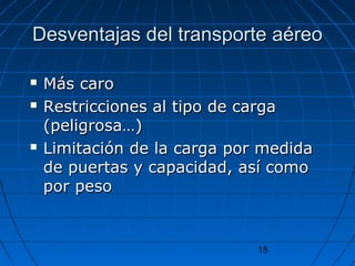 Desventajas ddeell ttrraannssppoorrttee aaéérreeoo 
 MMááss ccaarroo 
 RReessttrriicccciioonneess aall ttiippoo ddee ccaarrggaa 
((ppeelliiggrroossaa……)) 
 LLiimmiittaacciióónn ddee llaa ccaarrggaa ppoorr mmeeddiiddaa 
ddee ppuueerrttaass yy ccaappaacciiddaadd,, aassíí ccoommoo 
ppoorr ppeessoo 
15 
 