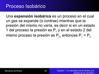 Capitulo 1: La naturaleza de los fluidos y el
estudio de se mecánica
Mecánica de fluidos 20
Proceso Isobárico
Una expansión isobárica es un proceso en el cual
un gas se expande (o contrae) mientras que la
presión del mismo no varía, es decir si en un estado
1 del proceso la presión es P1 y en el estado 2 del
mismo proceso la presión es P2, entonces P1 = P2
 