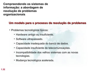 Compreendendo os sistemas de
  informação: a abordagem de
  resolução de problemas
  organizacionais

       Um modelo para o processo de resolução de problemas

       • Problemas tecnológicos típicos:
          • Hardware antigo ou insuficiente.
          • Software ultrapassado.
          • Capacidade inadequada do banco de dados.
          • Capacidade insuficiente de telecomunicações.
          • Incompatibilidade dos velhos sistemas com as novas
            tecnologias.
          • Mudança tecnológica acelerada.


1.32
 