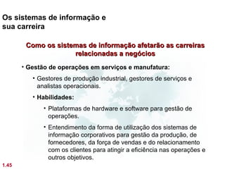 Os sistemas de informação e
sua carreira

        Como os sistemas de informação afetarão as carreiras
                     relacionadas a negócios
       • Gestão de operações em serviços e manufatura:
          • Gestores de produção industrial, gestores de serviços e
            analistas operacionais.
          • Habilidades:
             • Plataformas de hardware e software para gestão de
               operações.
             • Entendimento da forma de utilização dos sistemas de
               informação corporativos para gestão da produção, de
               fornecedores, da força de vendas e do relacionamento
               com os clientes para atingir a eficiência nas operações e
               outros objetivos.
1.45
 