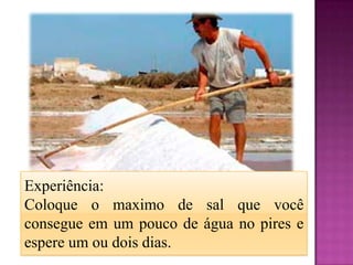 Experiência:
Coloque o maximo de sal que você
consegue em um pouco de água no pires e
espere um ou dois dias.
 