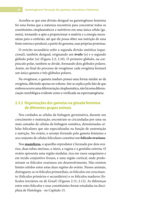 42 Gametogênese: formação dos gametas masculinos e femininos
Acredita-se que esta divisão desigual na gametogênese feminina
foi uma forma que a natureza encontrou para concentrar todos os
constituintes citoplasmáticos e nutritivos em uma única célula (ga-
meta), tornando-a apta a proporcionar a matéria e a energia neces-
sárias para o embrião, até que ele possa obter sua nutrição de uma
fonteexternaeproduzir,apartirdogenoma,suasprópriasproteínas.
O ovócito secundário sofre a segunda divisão meiótica (equa-
cional), também desigual, originando um óvulo (n) e o segundo
glóbulo polar (n) (Figura 2.2; 2.10). O primeiro glóbulo, ou cor-
púsculo polar, também se divide, formando dois glóbulos polares.
Assim, no final do processo de ovogênese cada ovogônia formará
um único gameta e três glóbulos polares.
Na ovogênese, o gameta maduro possui uma forma similar ao da
ovogônia, diferindo apenas no volume. Isto se explica pelo fato de que
emboraocorraumadiferenciaçãocitoplasmática,nãoháumadiferen-
ciação morfológica evidente como a verificada na espermatogênese.
2.3.2 Organizações dos gametas na gônada feminina
de diferentes grupos animais
Nos cordados as células da linhagem germinativa, durante seu
crescimento e maturação, encontram-se circundadas por uma ou
mais camadas de células da linhagem somática, denominadas cé-
lulas foliculares que são especializadas na função de sustentação
e nutrição. No ovário, o arranjo formado pelo gameta feminino e
seu conjunto de células foliculares constitui um folículo ovariano.
Nos mamíferos, o aparelho reprodutor é formado por dois ová-
rios, duas tubas uterinas, o útero, a vagina e a genitália externa. O
ovário apresenta uma região medular, rica em vasos sanguíneos e
em tecido conjuntivo frouxo, e uma região cortical, onde predo-
minam os folículos ovarianos em desenvolvimento. Não existem
limites nítidos entre estas duas regiões do ovário. Nesses animais,
distinguem-se os folículos primordiais, os folículos em crescimen-
to (folículos primários e secundários) e os folículos maduros (fo-
lículos terciários ou de Graaf) (Figuras 2.11; 2.12). As diferenças
entre estes folículos e seus constituintes foram estudadas na disci-
plina de Histologia - no Capítulo 15.
 