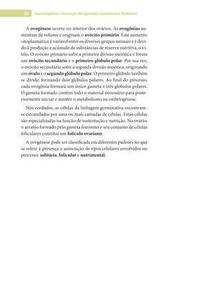 50 Gametogênese: formação dos gametas masculinos e femininos
A ovogênese ocorre no interior dos ovários. As ovogônias au-
mentam de volume e originam o ovócito primário. Este aumento
citoplasmático é variável entre os diversos grupos animais e é devi-
do à produção e acúmulo de substâncias de reserva nutritiva, o vi-
telo. O ovócito primário sofre a primeira divisão meiótica e forma
um ovócito secundário e o primeiro glóbulo polar. Por sua vez,
o ovócito secundário sofre a segunda divisão meiótica, originando
um óvulo e o segundo glóbulo polar. O primeiro glóbulo também
se divide, formando dois glóbulos polares. Ao final do processo,
cada ovogônia formará um único gameta e três glóbulos polares.
O gameta formado contém todo o material necessário para poste-
riormente iniciar e manter o metabolismo na embriogênese.
Nos cordados, as células da linhagem germinativa encontram-
se circundadas por uma ou mais camadas de células. Estas células
são especializadas na função de sustentação e nutrição. No ovário,
o arranjo formado pelo gameta feminino e seu conjunto de células
foliculares constitui um folículo ovariano.
A ovogênese pode ser classificada em diferentes padrões no que
se refere à presença e associação de tipos celulares envolvidos no
processo: solitária, folicular e nutrimental.
 
