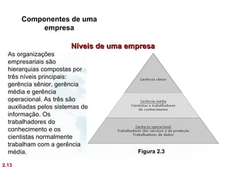 Componentes de uma
            empresa

                        Níveis de uma empresa
  As organizações
  empresariais são
  hierarquias compostas por
  três níveis principais:
  gerência sênior, gerência
  média e gerência
  operacional. As três são
  auxiliadas pelos sistemas de
  informação. Os
  trabalhadores do
  conhecimento e os
  cientistas normalmente
  trabalham com a gerência
  média.                                Figura 2.3

2.13
 