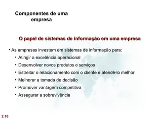 Componentes de uma
               empresa


           O papel de sistemas de informação em uma empresa

       • As empresas investem em sistemas de informação para:
         • Atingir a excelência operacional
         • Desenvolver novos produtos e serviços
         • Estreitar o relacionamento com o cliente e atendê-lo melhor
         • Melhorar a tomada de decisão
         • Promover vantagem competitiva
         • Assegurar a sobrevivência



2.16
 