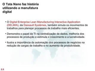 O Tata Nano faz história
 utilizando a manufatura
 digital


      • O Digital Enterprise Lean Manufacturing Interactive Application
        (DELMIA), da Dassault Systèmes, também simula os movimentos de
        trabalhos para planejar processos de trabalho mais eficientes.

      • Demonstra o papel da TI na centralização de dados, melhoria dos
        processos de produção e estimula o crescimento e a lucratividade.

      • Ilustra a importância da automação dos processos de negócios na
        redução de cargas de trabalho e no aumento da produtividade.




2.5
 