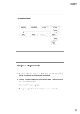 10/03/2014
20
Entrega incremental
Vantagens da entrega incremental
• Os valores podem ser entregues ao cliente junto com cada incremento, e
funções do sistema ficam disponíveis mais rápidamente.
• Primeiros incrementos agem como protótipos para ajudar a deduzir requisitos
para incrementos posteriores.
• Menor risco de falha geral do projeto.
• Os serviços mais prioritários do sistema tendem a serem mais testados.
 