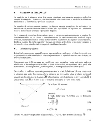 Leonardo Casanova M. Medición de Distancias
3-1
3. MEDICIÓN DE DISTANCIAS
La medición de la distancia entre dos puntos constituye una operación común en todos los
trabajos de topografía. El método y los instrumentos seleccionados en la medición de distancias
dependerá de la importancia y precisión requeridas.
En estudios de reconocimientos previos, en algunos trabajos geológicos, de agricultura, en
localización de puntos o marcas sobre el terreno para operaciones de replanteo, etc., es común
medir la distancia con telémetro o por conteo de pasos.
En el proceso de control de demarcaciones sobre el pavimento, determinación de la longitud de
una vía construida, etc., es común el uso del odómetro. En levantamientos que requieran mayor
precisión, se emplean cintas de acero y distanciómetros electrónicos. En algunos casos especiales,
donde se requiere de cierta precisión y rapidez, se utilizan el teodolito y las miras verticales u
horizontales como métodos indirectos para la medida de distancias.
3.1. Distancia Topográfica
Todos los levantamientos topográficos son representados a escala sobre el plano horizontal, por
lo que cuando se mide una distancia entre dos puntos sobre la superficie terrestre, ésta debe ser en
proyección horizontal.
Si como sabemos, la Tierra puede ser considerada como una esfera, ¿hasta qué punto podemos
admitir que la distancia proyectada sobre el plano horizontal es, sin apreciable error, igual a la
distancia real? en otras palabras, ¿hasta qué punto, la Tierra puede ser considerada plana?.
Para resolver el problema planteado, supongamos, con la ayuda de la figura 3.1., que conocemos
la distancia real entre los puntos AB ; la distancia en proyección sobre el plano horizontal
tangente en el punto A es la distancia AB’; la diferencia entre la distancia en proyección ( AB’)
y la distancia real AB es el error E que se comete al considerar la Tierra como plana.
De la figura 3.1 tenemos:
αtan' RAB =
(3.1)
en donde:
R = radio de la Tierra = 6.367 km y α, por definición
de radian
180 AB
R
α
π
= ⋅ (3.2)
'E AB AB= − (3.3)
La tabla 3.1. se calcula aplicando las ecuaciones 3.1, 3.2 y 3.3 para distintos valores de AB .
Figura 3.1
 