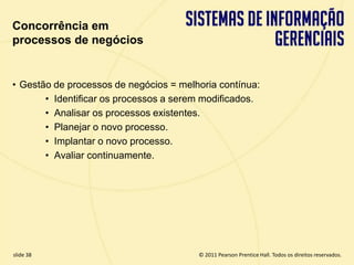Concorrência em
  processos de negócios


  • Gestão de processos de negócios = melhoria contínua:
         • Identificar os processos a serem modificados.
         • Analisar os processos existentes.
         • Planejar o novo processo.
         • Implantar o novo processo.
         • Avaliar continuamente.




  slide 38                                      © 2011 Pearson Prentice Hall. Todos os direitos reservados.
3.38                     Copyright © 2011 Pearson Education, Inc. publishing as Prentice Hall
 