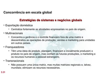 Concorrência em escala global

                Estratégias de sistemas e negócios globais
  • Exportação doméstica
       • Centraliza fortemente as atividades empresariais no país de origem.
  • Multinacionais
       • Concentra a gerência e o controle financeiro fora de uma matriz e
         descentraliza as operações de produção, vendas e marketing para unidades
         em outros países.
  • Franqueadores
       • Têm uma ideia de produto, planejam, financiam e inicialmente produzem o
         produto no país de origem, mas confiam as futuras produções, o marketing e
         os recursos humanos a pessoal estrangeiro.
  • Transnacionais
       • Não possuem uma única matriz, mas muitas matrizes regionais e, talvez,
         mundiais; otimizam os recursos necessários.
3.31
 