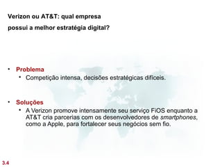Verizon ou AT&T: qual empresa
  possui a melhor estratégia digital?




  •   Problema
        Competição intensa, decisões estratégicas difíceis.



  •   Soluções
        A Verizon promove intensamente seu serviço FiOS enquanto a
         AT&T cria parcerias com os desenvolvedores de smartphones,
         como a Apple, para fortalecer seus negócios sem fio.




3.4
 
