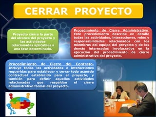CERRAR PROYECTO
Procedimiento de Cierre Administrativo.
Este procedimiento describe en detalle
todas las actividades, interacciones, roles y
responsabilidades relacionados con los
miembros del equipo del proyecto y de los
demás interesados involucrados en la
ejecución del procedimiento de cierre
administrativo del proyecto.
Proyecto cierra la parte
del alcance del proyecto y
las actividades
relacionadas aplicables a
una fase determinada.
Procedimiento de Cierre del Contrato.
Incluye todas las actividades e interacciones
requeridas para establecer y cerrar todo acuerdo
contractual establecido para el proyecto, y
también para definir aquellas actividades
relacionadas que respaldan el cierre
administrativo formal del proyecto.
 