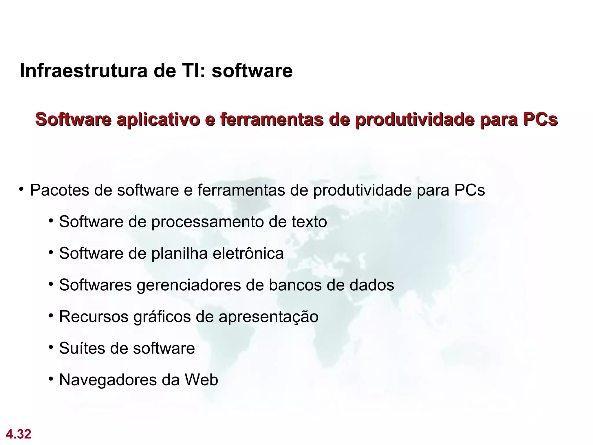 Infraestrutura de TI: software

       Software aplicativo e ferramentas de produtividade para PCs


 • Pacotes de software e ferramentas de produtividade para PCs
        • Software de processamento de texto
        • Software de planilha eletrônica
        • Softwares gerenciadores de bancos de dados
        • Recursos gráficos de apresentação
        • Suítes de software
        • Navegadores da Web


4.32
 