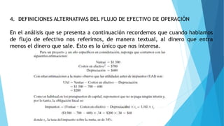 4. DEFINICIONES ALTERNATIVAS DEL FLUJO DE EFECTIVO DE OPERACIÓN
En el análisis que se presenta a continuación recordemos que cuando hablamos
de flujo de efectivo nos referimos, de manera textual, al dinero que entra
menos el dinero que sale. Esto es lo único que nos interesa.
 