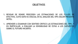 OBJETIVOS
1. REVISAR DE DONDE PROCEDEN LAS ESTIMACIONES DE LOS FLUJOS DE
EFECTIVO, CUYO DATO ES CRUCIAL EN EL ANALISIS DEL VPN (VALOR PRESENTE
NETO).
1. APRENDER A EXAMINAR CON SENTIDO CRITICO LAS ESTIMACIONES DEL VPN, Y
EN PARTICULAR, A EVALUAR LA SENSIBILIDAD DE ESTAS A LOS SUPUESTOS
SOBRE EL FUTURO INCIERTO.
 