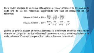 Para poder analizar la decisión obtengamos el valor presente de los costos de
cada una de las dos máquinas. Suponiendo una tasa de descuento de 10%
tenemos:
¿Cómo se podría ajustar en forma adecuada la diferencia entre las vidas útiles
cuando se comparan las dos máquinas? Usaremos el costo anual equivalente de
cada máquina. Este método pone los costos sobre una base anual.
 