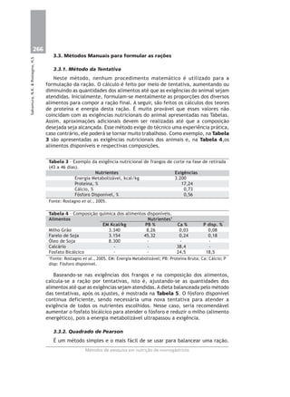266
Métodos de pesquisa em nutrição de monogástricos
Sakomura,N.K.&Rostagno,H.S.
3.3. Métodos Manuais para formular as rações
3.3.1. Método da Tentativa
Neste método, nenhum procedimento matemático é utilizado para a
formulação da ração. O cálculo é feito por meio de tentativa, aumentando ou
diminuindo as quantidades dos alimentos até que as exigências do animal sejam
atendidas. Inicialmente, formulam-se mentalmente as proporções dos diversos
alimentos para compor a ração final. A seguir, são feitos os cálculos dos teores
de proteína e energia desta ração. É muito provável que esses valores não
coincidam com as exigências nutricionais do animal apresentadas nas Tabelas.
Assim, aproximações adicionais devem ser realizadas até que a composição
desejada seja alcançada. Esse método exige do técnico uma experiência prática,
caso contrário, ele poderá se tornar muito trabalhoso. Como exemplo, na Tabela
3 são apresentadas as exigências nutricionais dos animais e, na Tabela 4,os
alimentos disponíveis e respectivas composições.
Tabela 3 – Exemplo da exigência nutricional de frangos de corte na fase de retirada
(43 a 46 dias).
Nutrientes Exigências
Energia Metabolizável, kcal/kg 3.200
Proteína, % 17,24
Cálcio, % 0,73
Fósforo Disponível, % 0,56
Fonte: Rostagno et al., 2005.
Tabela 4 – Composição química dos alimentos disponíveis.
Alimentos Nutrientes1
EM Kcal/kg PB % Ca % P disp. %
Milho Grão 3.340 8,26 0,03 0,08
Farelo de Soja 3.154 45,32 0,24 0,18
Óleo de Soja 8.300 - - -
Calcário - - 38,4 -
Fosfato Bicálcico - - 24,5 18,5
1
Fonte: Rostagno et al., 2005. EM: Energia Metabolizável; PB: Proteína Bruta; Ca: Cálcio; P
disp: Fósforo disponível.
Baseando-se nas exigências dos frangos e na composição dos alimentos,
calcula-se a ração por tentativas, isto é, ajustando-se as quantidades dos
alimentos até que as exigências sejam atendidas. A dieta balanceada pelo método
das tentativas, após os ajustes, é mostrada na Tabela 5. O fósforo disponível
continua deficiente, sendo necessária uma nova tentativa para atender a
exigência de todos os nutrientes escolhidos. Nesse caso, sería recomendável
aumentar o fosfato bicálcico para atender o fósforo e reduzir o milho (alimento
energético), pois a energia metabolizável ultrapassou a exigência.
3.3.2. Quadrado de Pearson
É um método simples e o mais fácil de se usar para balancear uma ração.
 