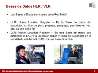 Bases de Datos HLR / VLR 

      •  Las Bases e Datos son claves en la Red Móvil 

      •  HLR:  Home  Location  Register  –  Es  la  Base  de  datos  del 
         suscriptor,  su  tipo  de  plan,  prepago,  postpago,  permisos  en  red, 
         etc. Es una Base fija 
      •  VLR:  Visitor  Location  Register  –  Es  una  Base  de  datos  que 
         almacena el LAC y la ubicación lógica y física del suscriptor en la 
         red debido a la MOVILIDAD. Es una base dinámica




ITEL – Introducción a Ingeniería de las Telecomunicaciones ­   Ing. David Ortega G.   13
 