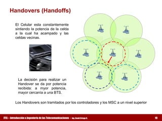 Handovers (Handoffs) 

          El  Celular  esta  constantemente 
          sintiendo  la  potencia  de  la  celda 
          a  la  cual  ha  acampado  y  las 
          celdas vecinas. 




            La  decisión  para  realizar  un 
            Handover  se  da  por  potencia 
            recibida:  a  myor  potencia, 
            mayor cercanía a una BTS. 

          Los Handovers son tramitados por los controladores y los MSC a un nivel superior



ITEL – Introducción a Ingeniería de las Telecomunicaciones ­   Ing. David Ortega G.          19
 
