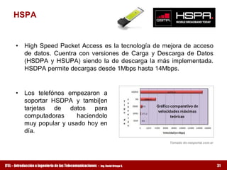 HSPA 


      •  High  Speed  Packet  Access  es  la  tecnología  de  mejora  de  acceso 
         de  datos.  Cuentra  con  versiones  de  Carga  y  Descarga  de  Datos 
         (HSDPA  y  HSUPA)  siendo  la  de  descarga  la  más  implementada. 
         HSDPA permite decargas desde 1Mbps hasta 14Mbps. 


      •  Los  telefónos  empezaron  a 
         soportar  HSDPA  y  tambi[en 
         tarjetas  de  datos  para 
         computadoras        haciendolo 
         muy  popular  y  usado  hoy  en 
         día. 
                                                                                      Tomado de neoportal.com.ar




ITEL – Introducción a Ingeniería de las Telecomunicaciones ­   Ing. David Ortega G.                                31
 