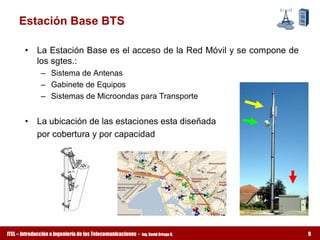 Estación Base BTS 

        •  La Estación Base es el acceso de la Red Móvil y se compone de 
           los sgtes.: 
               –  Sistema de Antenas 
               –  Gabinete de Equipos 
               –  Sistemas de Microondas para Transporte 


        •  La ubicación de las estaciones esta diseñada 
           por cobertura y por capacidad




ITEL – Introducción a Ingeniería de las Telecomunicaciones ­   Ing. David Ortega G.   9
 