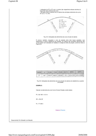 Desenvolvido Por Edivaldo Lins Macedo
• Indicação do PC e PT com o número das respectivas estacas escritas ao
longo dos raios extremos da curva;
• Na parte interna colocam-se os valores dos principais elementos da curva
(R, , G, T, D, dm).
Fig. 8. 8: Indicações dos elementos da curva circular em planta
É comum, também, enquadrar o eixo da estrada entre dois traços paralelos, cujo
afastamento é igual à plataforma da estrada. Os valores dos principais elementos das
curvas podem ser colocados em tabelas no rodapé da folha de projeto, conforme indica a
Figura 6.9.
Fig. 8.9: Indicações dos elementos da curva circular em planta com plataforma e usando
uma tabela
EXEMPLO:
Calcular os elementos de uma Curva Circular Simples, sendo dados:
PI = Est 180 + 4,12 m
AC = 45o 30'
R = 171,98 m
Anterior | Proximo
Página 8 de 8Capitulo 08
28/06/2008http://www.topografiageral.com/Curso/capitulo%2008.php
 