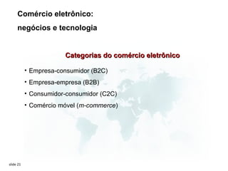 Comércio eletrônico:
     negócios e tecnologia


                       Categorias do comércio eletrônico

           • Empresa-consumidor (B2C)
           • Empresa-empresa (B2B)
           • Consumidor-consumidor (C2C)
           • Comércio móvel (m-commerce)




slide 21
 