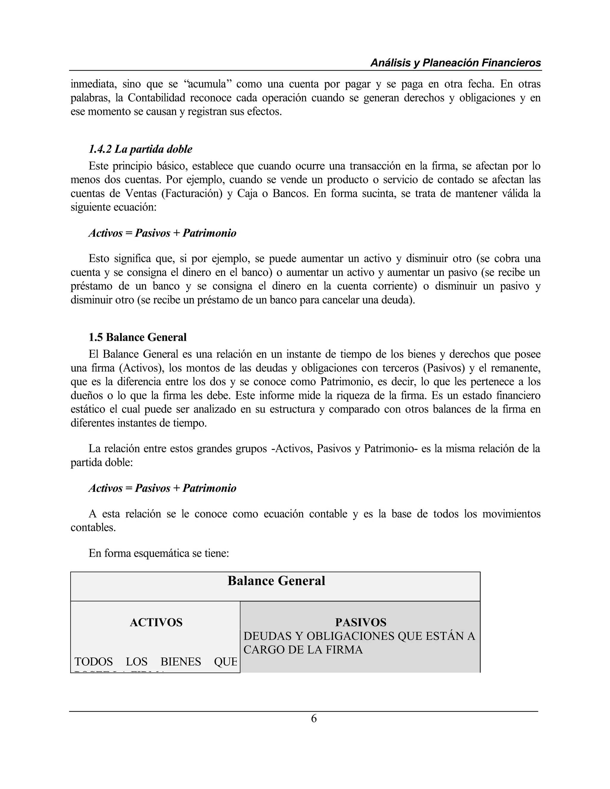 Análisis y Planeación Financieros
inmediata, sino que se “acumula” como una cuenta por pagar y se paga en otra fecha. En otras
palabras, la Contabilidad reconoce cada operación cuando se generan derechos y obligaciones y en
ese momento se causan y registran sus efectos.


    1.4.2 La partida doble
    Este principio básico, establece que cuando ocurre una transacción en la firma, se afectan por lo
menos dos cuentas. Por ejemplo, cuando se vende un producto o servicio de contado se afectan las
cuentas de Ventas (Facturación) y Caja o Bancos. En forma sucinta, se trata de mantener válida la
siguiente ecuación:

   Activos = Pasivos + Patrimonio

    Esto significa que, si por ejemplo, se puede aumentar un activo y disminuir otro (se cobra una
cuenta y se consigna el dinero en el banco) o aumentar un activo y aumentar un pasivo (se recibe un
préstamo de un banco y se consigna el dinero en la cuenta corriente) o disminuir un pasivo y
disminuir otro (se recibe un préstamo de un banco para cancelar una deuda).


    1.5 Balance General
    El Balance General es una relación en un instante de tiempo de los bienes y derechos que posee
una firma (Activos), los montos de las deudas y obligaciones con terceros (Pasivos) y el remanente,
que es la diferencia entre los dos y se conoce como Patrimonio, es decir, lo que les pertenece a los
dueños o lo que la firma les debe. Este informe mide la riqueza de la firma. Es un estado financiero
estático el cual puede ser analizado en su estructura y comparado con otros balances de la firma en
diferentes instantes de tiempo.

    La relación entre estos grandes grupos -Activos, Pasivos y Patrimonio- es la misma relación de la
partida doble:

   Activos = Pasivos + Patrimonio

   A esta relación se le conoce como ecuación contable y es la base de todos los movimientos
contables.

   En forma esquemática se tiene:

                                 Balance General

            ACTIVOS                                PASIVOS
                                     DEUDAS Y OBLIGACIONES QUE ESTÁN A
                                     CARGO DE LA FIRMA
TODOS LOS BIENES              QUE
POSEE LA FIRMA


                                                   6
 