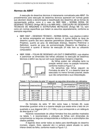 LEITURA E INTERPRETAÇÃO DE DESENHO TÉCNICO                                               9


Normas da ABNT
      A execução de desenhos técnicos é inteiramente normalizada pela ABNT. Os
procedimentos para execução de desenhos técnicos aparecem em normas gerais
que abordam desde a denominação e classificação dos desenhos até as formas de
representação gráfica, como é o caso da NBR 5984 – NORMA GERAL DE
DESENHO TÉCNICO (Antiga NB 8) e da NBR 6402 – EXECUÇÃO DE DESENHOS
TÉCNICOS DE MÁQUINAS E ESTRUTURAS METÁLICAS (Antiga NB 13), bem
como em normas específicas que tratam os assuntos separadamente, conforme os
exemplos seguintes:

   •   NBR 10647 – DESENHO TÉCNICO – NORMA GERAL, cujo objetivo é definir
       os termos empregados em desenho técnico. A norma define os tipos de
       desenho quanto aos seus aspectos geométricos (Desenho Projetivo e Não-
       Projetivo), quanto ao grau de elaboração (Esboço, Desenho Preliminar e
       Definitivo), quanto ao grau de pormenorização (Desenho de Detalhes e
       Conjuntos) e quanto à técnica de execução (À mão livre ou utilizando
       computador)

   •   NBR 10068 – FOLHA DE DESENHO LAY-OUT E DIMENSÕES, cujo objetivo
       é padronizar as dimensões das folhas utilizadas na execução de desenhos
       técnicos e definir seu lay-out com suas respectivas margens e legenda.
                                             As folhas podem ser utilizadas tanto na
                                          posição vertical como na posição horizontal,
                                          conforme mostra a Figura 1.2.
                                             Os tamanhos das folhas seguem os
                                          Formatos da série “A”, e o desenho deve ser
                                          executado no menor formato possível, desde
          Folha Vertical Folha Horizontal que não comprometa a sua interpretação.
                  Figura 1.2

       Tabela 1: Os Formatos da série “A” seguem as seguintes dimensões em milímetros:
                                       MARGEM
                                                 COMPRIMENTO ESPESSURA
       FORMATO DIMENSÕES                                      LINHAS DA
                                 ESQUERDA OUTRAS DA LEGENDA
                                                              MARGENS
          A0        841 x 1189       25          10            175             1,4
          A1         594 x 841       25          10            175             1,0
          A2         420 x 594       25           7            178             0,7
          A3         297 x 420       25           7            178             0,5
          A4         210 x 297       25           7            178             0,5

               Os formatos da série “A” têm como base o formato A0, cujas
       dimensões guardam entre si a mesma relação que existe entre o lado de um
       quadrado e sua diagonal (841 2 =1189), e que corresponde a um retângulo
       de área igual a 1 m2.
               Havendo necessidade de utilizar formatos fora dos padrões mostrados
       na tabela 1, é recomendada a utilização de folhas com dimensões de
       comprimentos ou larguras correspondentes a múltiplos ou a submúltiplos dos
       citados padrões.
               A legenda deve conter todos os dados para identificação do desenho
       (número, origem, título, executor etc.) e sempre estará situada no canto
       inferior direito da folha, conforme mostra a Figura 1.2.
 
