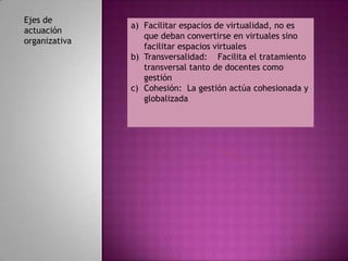 Ejes de
               a) Facilitar espacios de virtualidad, no es
actuación
                  que deban convertirse en virtuales sino
organizativa
                  facilitar espacios virtuales
               b) Transversalidad: Facilita el tratamiento
                  transversal tanto de docentes como
                  gestión
               c) Cohesión: La gestión actúa cohesionada y
                  globalizada
 