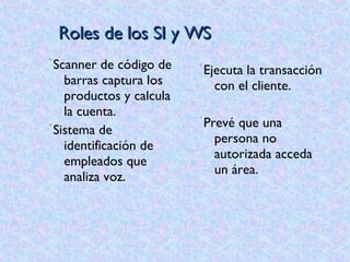Roles de los SI y WS Scanner de código de barras captura los productos y calcula la cuenta. Sistema de identificación de empleados que analiza voz. Ejecuta la transacción con el cliente. Prevé que una persona no autorizada acceda un área. 