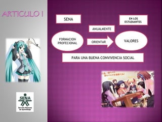 FORMACION
PROFECIONAL ORIENTAR VALORES
SENA EN LOS
ESTUDIANTES
ANUALMENTE
PARA UNA BUENA CONVIVENCIA SOCIAL
 