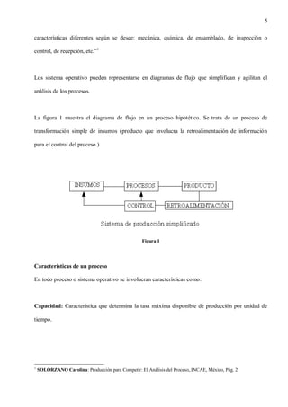 5
características diferentes según se desee: mecánica, química, de ensamblado, de inspección o
control, de recepción, etc.”1

Los sistema operativo pueden representarse en diagramas de flujo que simplifican y agilitan el
análisis de los procesos.

La figura 1 muestra el diagrama de flujo en un proceso hipotético. Se trata de un proceso de
transformación simple de insumos (producto que involucra la retroalimentación de información
para el control del proceso.)

Figura 1

Características de un proceso
En todo proceso o sistema operativo se involucran características como:

Capacidad: Característica que determina la tasa máxima disponible de producción por unidad de
tiempo.

1

SOLÓRZANO Carolina: Producción para Competir: El Análisis del Proceso,.INCAE, México, Pág. 2

 