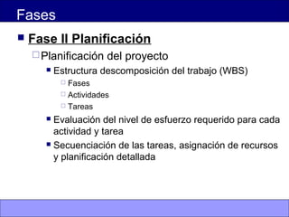 Fases
 Fase II Planificación
Planificación del proyecto
 Estructura descomposición del trabajo (WBS)
 Fases
 Actividades
 Tareas
 Evaluación del nivel de esfuerzo requerido para cada
actividad y tarea
 Secuenciación de las tareas, asignación de recursos
y planificación detallada
 