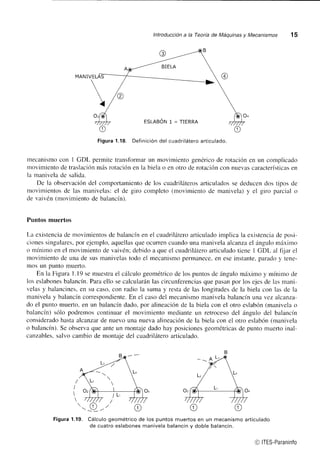 lntroducción a la Teoría de Máquinas v Mecanismos 15 
MANIVE 
oo 
Figura 1.18. Definición del cuadrilátero articulado. 
mecanismo con I GDL permite transformar un movimiento genérico de rotación en un complicado 
movimiento de traslación más rotación en la biela o en otro de rotación con nuevas calacterísticas en 
la manivela de salida. 
De la observación del comportamiento de los cuadriláteros articulados se deducen dos tipos de 
movimientos de las manivelas: el de giro completo (movimiento de manivela) y el giro parcial o 
de vaivén (rnovimiento de balancín). 
Puntos muertos 
La existencia de movimientos de balancín en el cuadrilátero articulado implica la existencia de posi-ciones 
singulares, por ejemplo, aquellas que ocurren cuando una manivela alcanza el ángulo máximo 
o mínimo en el movimiento de vaivén: debido a que el cuadrilátero articulado tiene I GDL al fijar el 
movimiento de una de sus manivelas todo el mecanismo permanece. en ese instante. parado y tene-mos 
un punto muerto. 
En la Figura l.l9 se muestra el cálculo geométrico de los puntos de ángulo máximo y mínimo de 
los eslabones balancín. Para ello se calcularán las circunferencias que pasan por los ejes de las mani-velas 
y balancines, en su caso, con radio la suma y resta de las longitudes de la biela con las de la 
manivela y balancín correspondiente. En el caso del mecanismo manivela balancín una vez alcanza-do 
el punto muerto, en un balancín dado, por alineación de la biela con el otro eslabón (manivela o 
balancín) sólo podremos continuar el movimiento mediante un retroceso del ángulo del balancín 
considerado hasta alcanzar de nuevo una nueva alineación de la biela con el otro eslabón (manivela 
o balancín). Se observa que ante un montaje dado hay posiciones geométricas de punto muerto inal-canzables, 
salvo cambio de montaie del cuadrilátero articulado. 
r¡ _v_/ o 
(D (1) 
Figura 1.19. Cálculo geométrico de los puntos muertos en un mecanismo articulado 
de cuatro eslabones manivela balancín v doble balancín. 
@ ITES-Paraninfo 
 