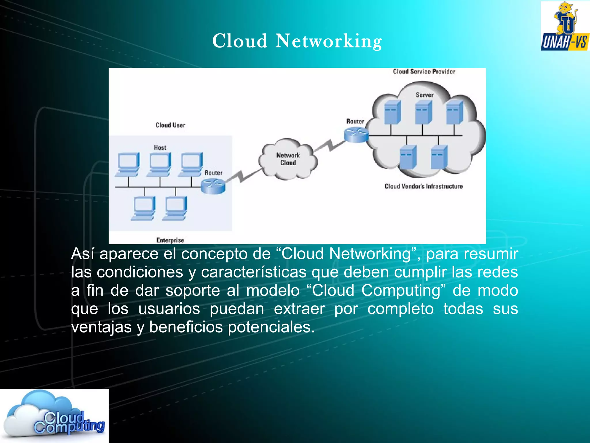 Cloud Networking
Así aparece el concepto de “Cloud Networking”, para resumir
las condiciones y características que deben cumplir las redes
a fin de dar soporte al modelo “Cloud Computing” de modo
que los usuarios puedan extraer por completo todas sus
ventajas y beneficios potenciales.
 