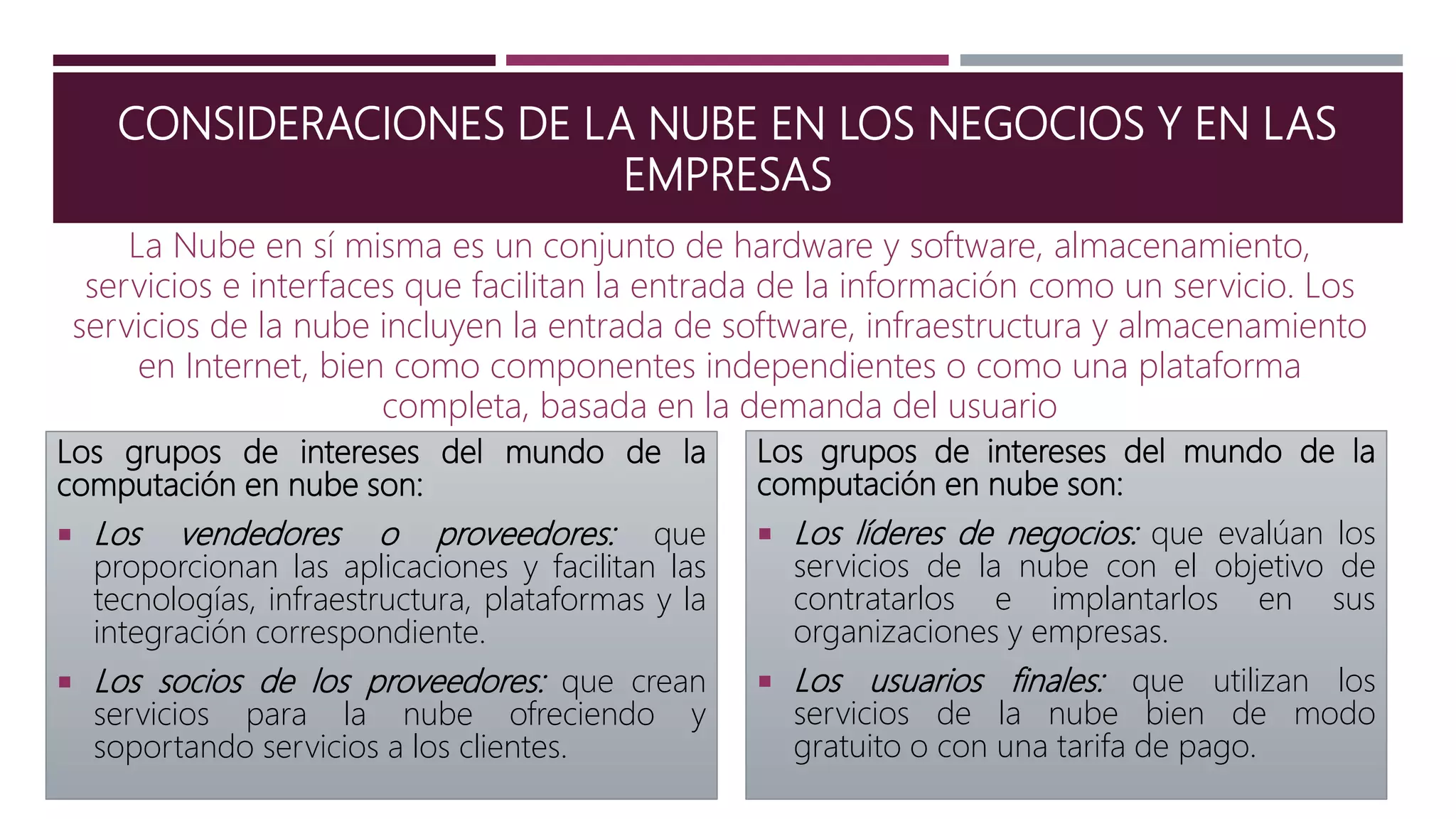CONSIDERACIONES DE LA NUBE EN LOS NEGOCIOS Y EN LAS
EMPRESAS
La Nube en sí misma es un conjunto de hardware y software, almacenamiento,
servicios e interfaces que facilitan la entrada de la información como un servicio. Los
servicios de la nube incluyen la entrada de software, infraestructura y almacenamiento
en Internet, bien como componentes independientes o como una plataforma
completa, basada en la demanda del usuario
Los grupos de intereses del mundo de la
computación en nube son:
 Los líderes de negocios: que evalúan los
servicios de la nube con el objetivo de
contratarlos e implantarlos en sus
organizaciones y empresas.
 Los usuarios finales: que utilizan los
servicios de la nube bien de modo
gratuito o con una tarifa de pago.
Los grupos de intereses del mundo de la
computación en nube son:
 Los vendedores o proveedores: que
proporcionan las aplicaciones y facilitan las
tecnologías, infraestructura, plataformas y la
integración correspondiente.
 Los socios de los proveedores: que crean
servicios para la nube ofreciendo y
soportando servicios a los clientes.
 