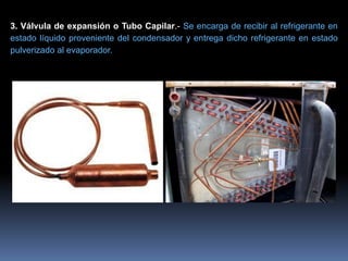 3. Válvula de expansión o Tubo Capilar.- Se encarga de recibir al refrigerante en
estado líquido proveniente del condensador y entrega dicho refrigerante en estado
pulverizado al evaporador.
 
