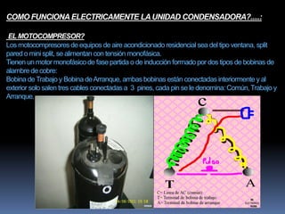 COMO FUNCIONA ELECTRICAMENTE LAUNIDAD CONDENSADORA?.....:
ELMOTOCOMPRESOR?
Los motocompresoresde equipos de aire acondicionado residencial sea del tipo ventana, split
pared o mini split, se alimentan con tensión monofásica.
Tienen un motor monofásicode fase partida o de inducción formadopor dos tipos de bobinas de
alambre de cobre:
Bobina deTrabajo y Bobina deArranque, ambas bobinas están conectadas interiormente y al
exterior solo salen tres cables conectadas a 3 pines, cada pin se le denomina: Común,Trabajo y
Arranque.
 