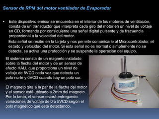 Sensor de RPM del motor ventilador de Evaporador
 Este dispositivo emisor se encuentra en el interior de los motores de ventilación,
consta de un transductor que interpreta cada giro del motor en un nivel de voltaje
en CD, formando por consiguiente una señal digital pulsante y de frecuencia
proporcional a la velocidad del motor.
Esta señal se recibe en la tarjeta y nos permite comunicarle al Microcontrolador, el
estado y velocidad del motor. Si esta señal no es normal o simplemente no se
detecta, se activa una protección y se suspende la operación del equipo.
El sistema consta de un magneto instalado
sobre la flecha del motor y de un sensor de
efecto HALL que proporciona un nivel de
voltaje de 5VCD cada vez que detecta un
polo norte y 0VCD cuando hay un polo sur.
El magneto gira a la par de la flecha del motor
y el sensor está ubicado a 2mm del magneto.
Por lo tanto, el sensor estará entregando
variaciones de voltaje de 0 o 5VCD según el
polo magnético que esté detectando.
 