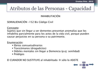 Cristian Piris - 2012



  Atributos de las Personas - Capacidad
                            INHABILITACIÓN

SEMIALIENACIÓN –152 Bis Código Civil

Concepto:
Sujetos que sin llegar a ser dementes presentan anomalías que los
inhabilita parcialmente para los actos de la vida civil, porque pueden
causar perjuicios en su persona o su patrimonio.

Enumeración:
    Ebrios consuetudinarios
    Toxicómanos (drogadictos)
    Débiles mentales sin llegar a Demencia (p.ej: senilidad)
    Pródigos

El CURADOR NO SUSTITUYE al inhabilitado  sólo lo ASISTE
 