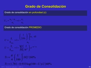 Grado de Consolidación
Grado de consolidación en profundiad (z):

UZ =

u0 − u z
u
= 1− z
u0
u0

Grado de consolidación PROMEDIO:
2 Hc

U=

St
S max

 1 

 ⋅ ∫ u z ⋅ dz
 2 Hc  0
= 1−
u0

m =∞
St
 2  − M 2 ⋅Tv
U=
= 1− ∑  2  ⋅ e
S max
m =0  M 

2

π  U 
Tv = ⋅ 
 ;0〈U 〈 60%
4  100 
Tv = 1.781 − 0.933 log(100 − U );U 〉 60%
USTA - Geotecnia Aplicada I – 2005 -2

70

 