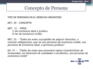 TIPO DE PERSONAS EN EL DERECHO ARGENTINO
ART. 30 – CONCEPTO
ART. 31 – TIPOS:
1) de existencia ideal o jurídica.
2) las de existencia visible.
ART. 32 – “Todos los entes susceptible de adquirir derechos, o
contraer obligaciones, que no son personas de existencia visible, son
personas de existencia ideal, o personas jurídicas“
Art. 51 - “Todos los entes que presentan signos característicos de
humanidad, sin distinción de cualidades o accidentes, son personas de
existencia visible“
Concepto de Persona
Cristian Piris - 2014
 