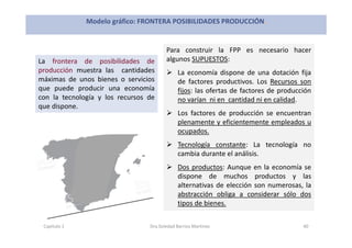 Para construir la FPP es necesario hacer
algunos SUPUESTOS:
La economía dispone de una dotación fija
de factores productivos. Los Recursos son
fijos: las ofertas de factores de producción
no varían ni en cantidad ni en calidad.
Los factores de producción se encuentran
plenamente y eficientemente empleados u
ocupados.
Tecnología constante: La tecnología no
cambia durante el análisis.
Dos productos: Aunque en la economía se
dispone de muchos productos y las
alternativas de elección son numerosas, la
abstracción obliga a considerar sólo dos
tipos de bienes.
Capítulo 1 Dra.Soledad Barrios Martínez 40
La frontera de posibilidades de
producción muestra las cantidades
máximas de unos bienes o servicios
que puede producir una economía
con la tecnología y los recursos de
que dispone.
Modelo gráfico: FRONTERA POSIBILIDADES PRODUCCIÓN.
 